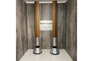 Nearly New - Bang & Olufsen Beolab 28 in Natural with Walnut Cover and Backbone Floor Stands