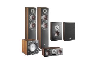 Dali Oberon 7 AV Speaker System with Oberon On-wall Speakers & E-9 F Sub - Dark Walnut (Vinyl)