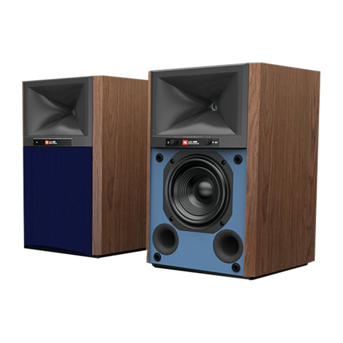 JBL 4305P Studio Monitor Bookshelf Speakers - Walnut with Blue Grille main product photo