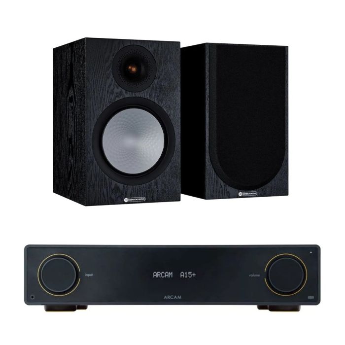 Arcam A15+ Integrated Amplifier with Monitor Audio Silver 100 7G Bookshelf Speakers main product photo