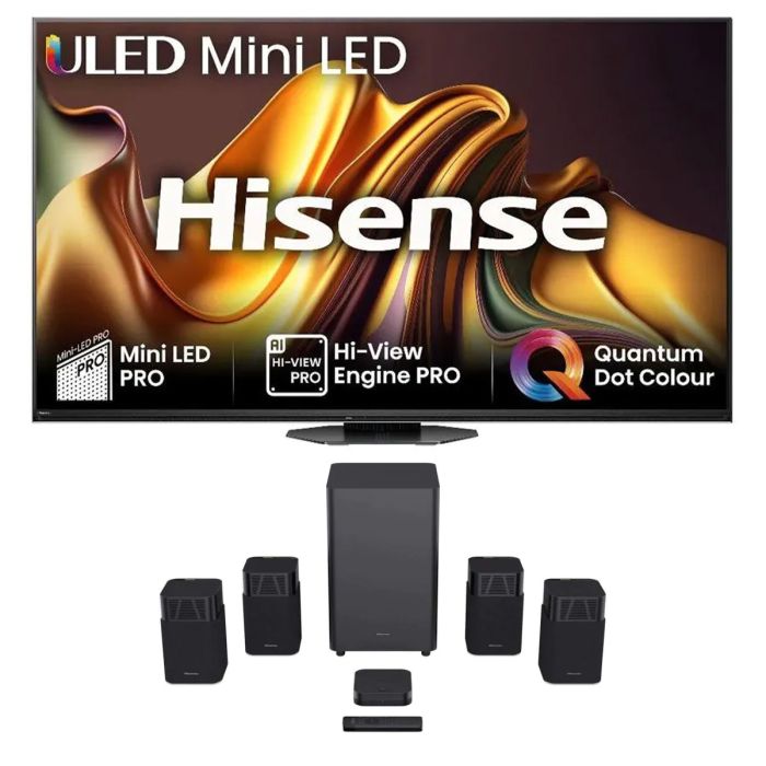 Hisense 75U8NQTUK 75" 4K Mini LED Smart TV with Hisense HT Saturn Dolby Atmos / DTS:X Wireless Home Cinema Speaker System main product photo