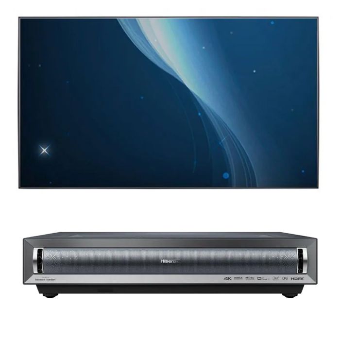 Hisense PX3TUK-PRO 4K Smart Laser Cinema Projector with Sapphire 100" SALFS221WSF Fixed Frame ALR Projector Screen main product photo