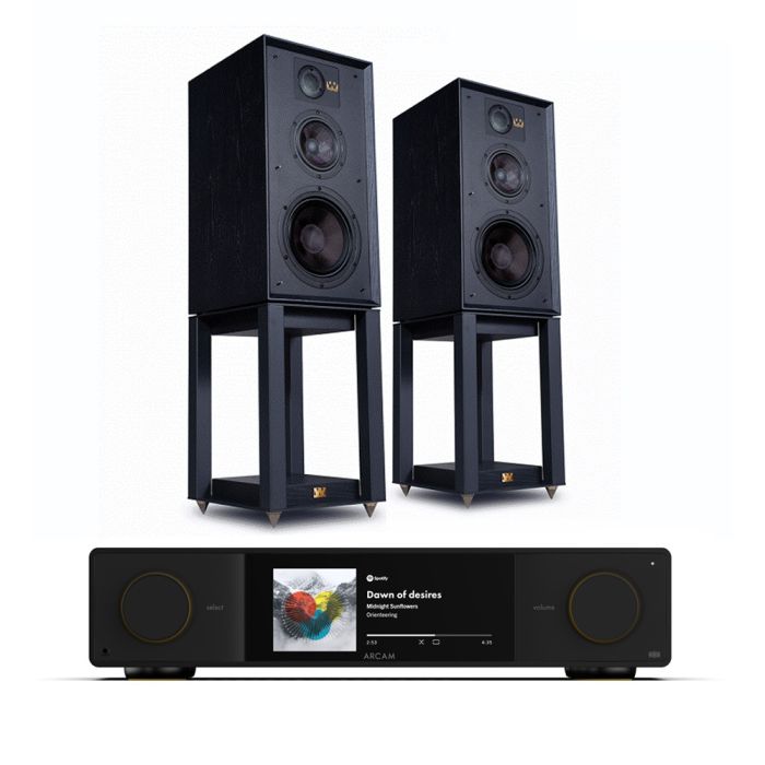 Arcam Radia SA35 Streaming Integrated Amplifier with Wharfedale Linton Heritage Standmount Speakers with Matching Stands main product photo
