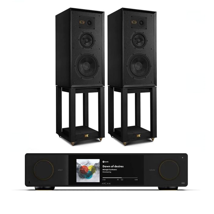 Arcam Radia SA35 Streaming Integrated Amplifier with Wharfedale Super Linton Heritage Standmount Speakers with Matching Stands main product photo