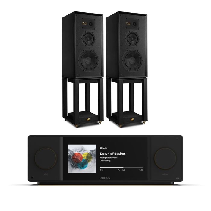 Arcam Radia SA45 Streaming Amplifier with Wharfedale Super Linton Heritage Standmount Speakers with Matching Stands main product photo