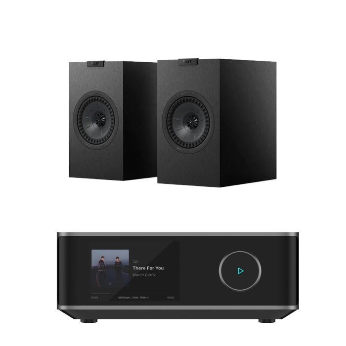 WiiM Amp Ultra Streaming Amplifier with KEF Q1 META Bookshelf Speakers main product photo