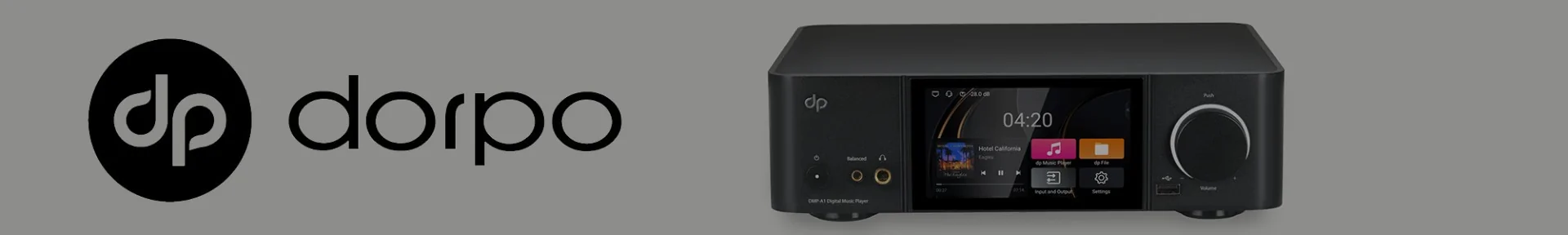 Black digital audio player with a screen displaying music controls and song info. A large dial is on the right. "dorpo" logo is on the left.