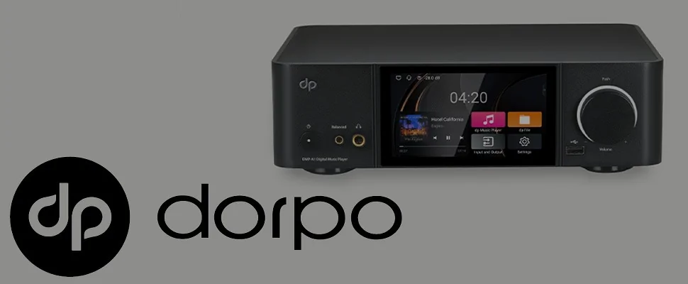 Black digital audio player with a screen displaying music controls and song info. A large dial is on the right. "dorpo" logo is on the left.