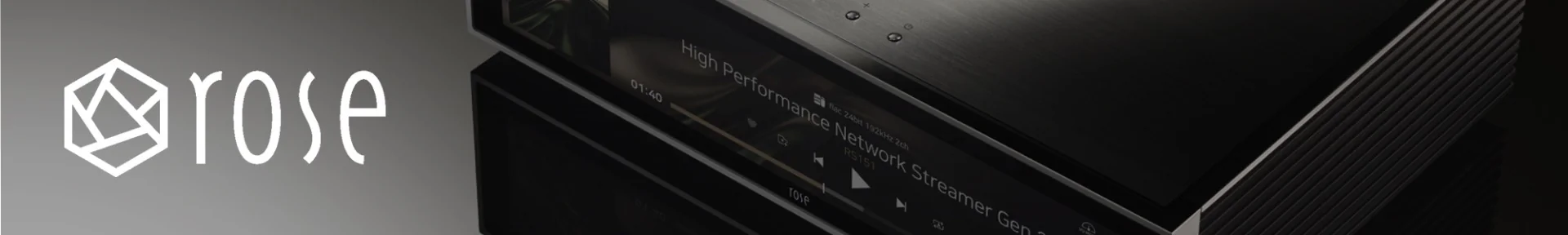 Sleek black audio streamer with a digital display is on the right. The word "rose" and a geometric logo appear on the left against a grey background.