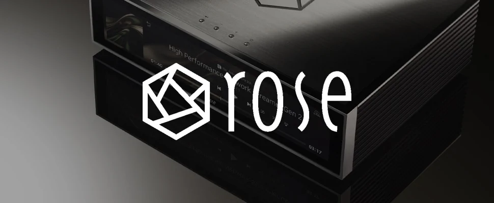 Sleek black audio streamer with a digital display is on the right. The word "rose" and a geometric logo appear on the left against a grey background.
