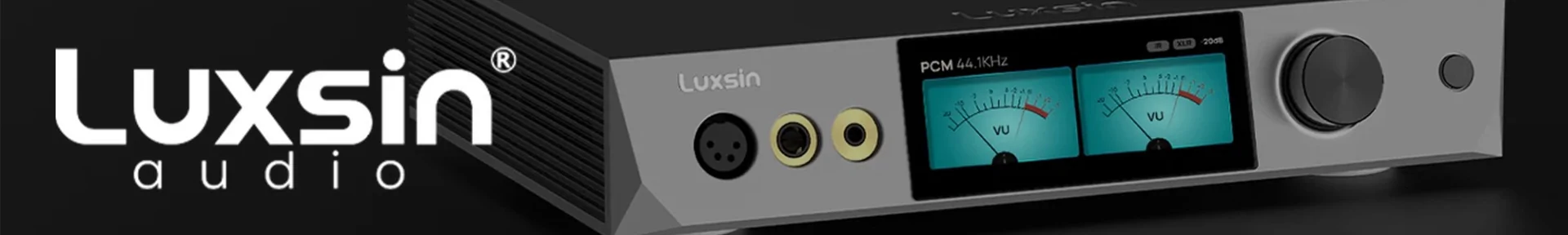 Luxsin audio interface on a black background, featuring VU meters, various input jacks, and a large volume knob. Sleek and modern design.