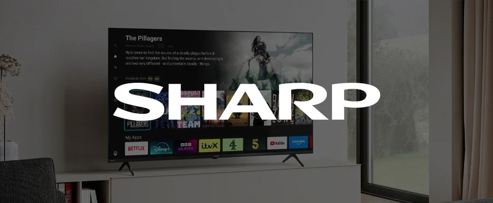 Modern living room with a large Sharp TV displaying various streaming apps like Netflix and YouTube. Bright and sleek ambiance.