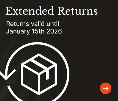 Black graphic with text 'Extended Returns' and 'Returns valid until January 15th 2026' above a box icon with a circular arrow. Tone is informative.