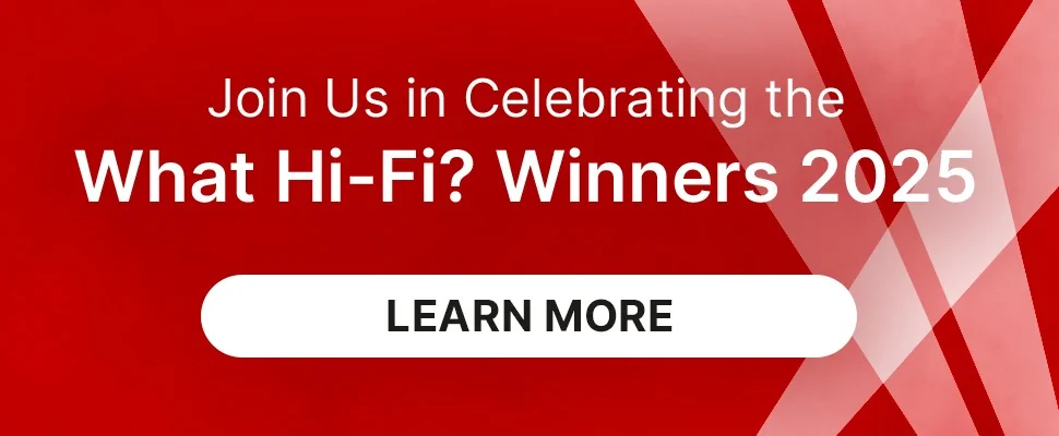 Red background with diagonal stripes features white text: "Join Us in Celebrating the What Hi-Fi? Winners 2025" above a white "Learn More" button.