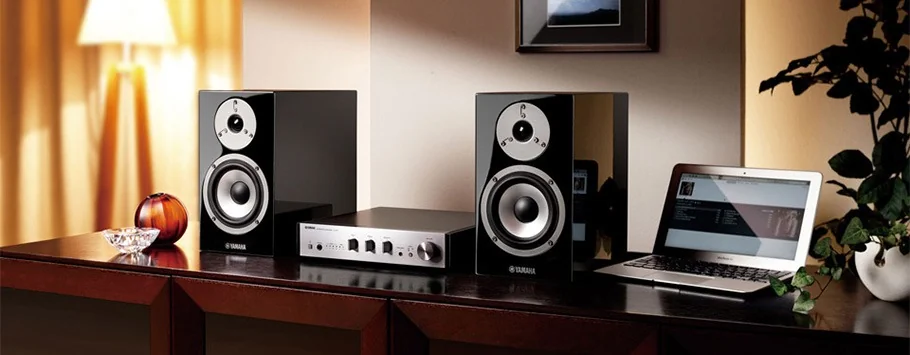 Luxurious home audio setup with black speakers and a silver amplifier on a wooden shelf, next to an open laptop. Warm lighting and d&eacute;cor create a cosy ambiance.