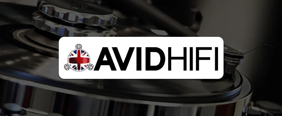 Close-up of a spinning record on a turntable with a stylus, set against a dark background. The AVIDHIFI logo appears on the right, featuring a British flag emblem.