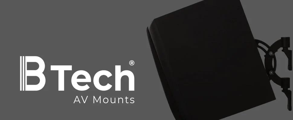 Gray banner with black TV mounts on either side and "BTech AV Mounts" in white text centred. Minimalist design, professional tone.