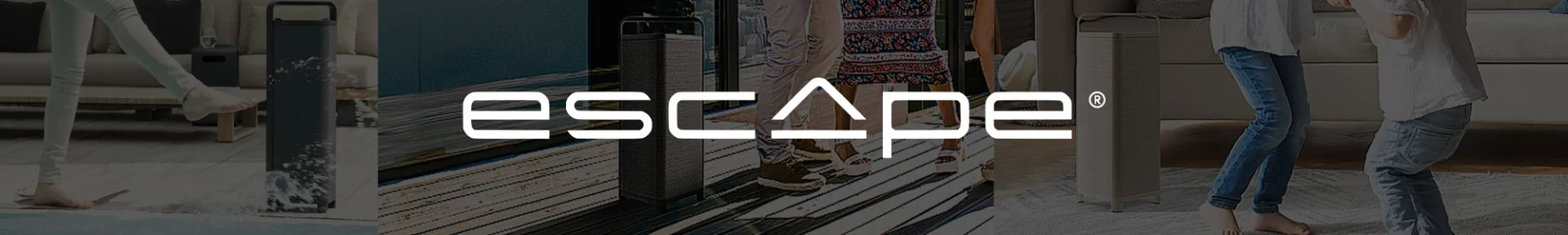 Stylish black speaker on a deck near water with people relaxing and playing. The word "escape" is prominently displayed in white text.