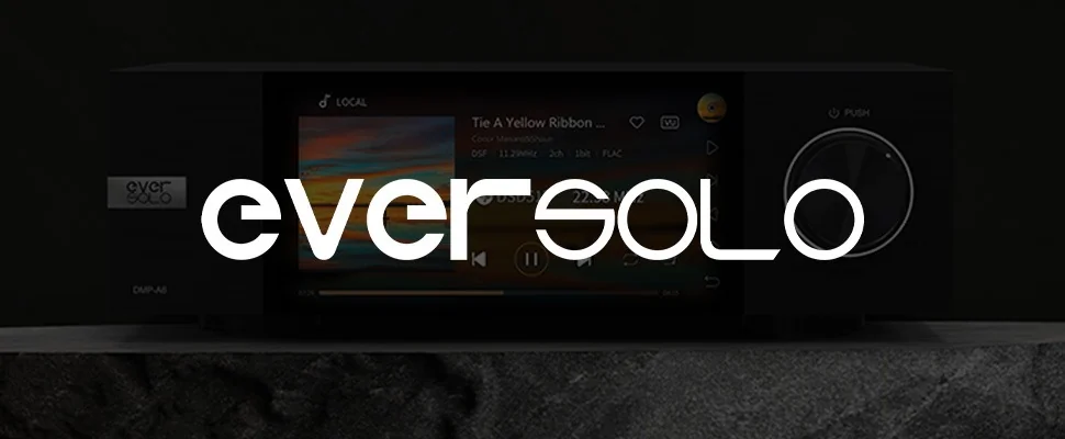 Close-up of a digital audio player displaying a music track with a sunset image. "Eversolo" branding appears. The dial on the right hints at sleek design.