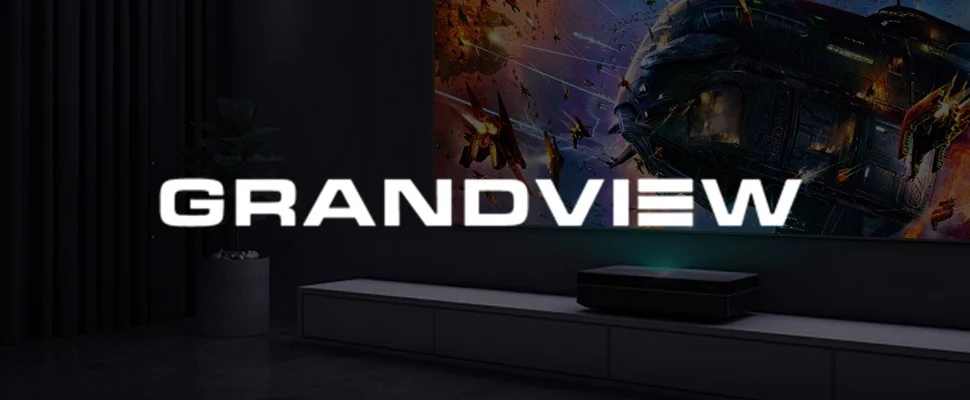 A futuristic home theatre setup with a glowing projector. A vivid sci-fi scene is displayed on the screen, containing spaceships and vibrant skies.