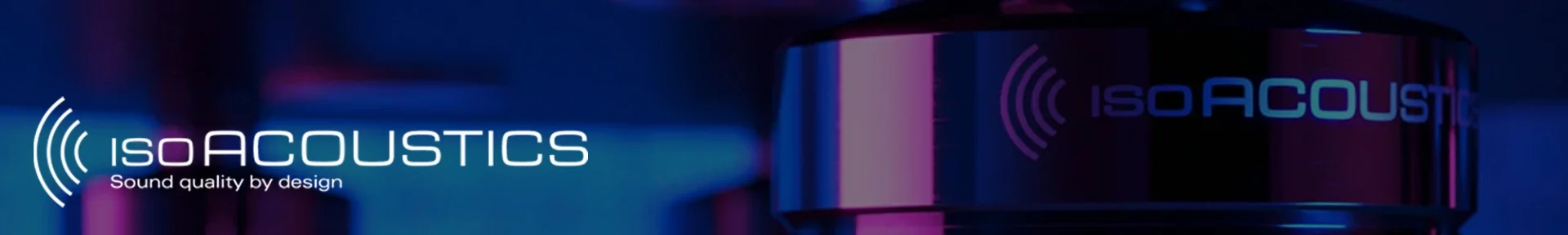 Stylish IsoAcoustics logo with a sleek, modern design in blue and purple tones, alongside the text "Sound quality by design"