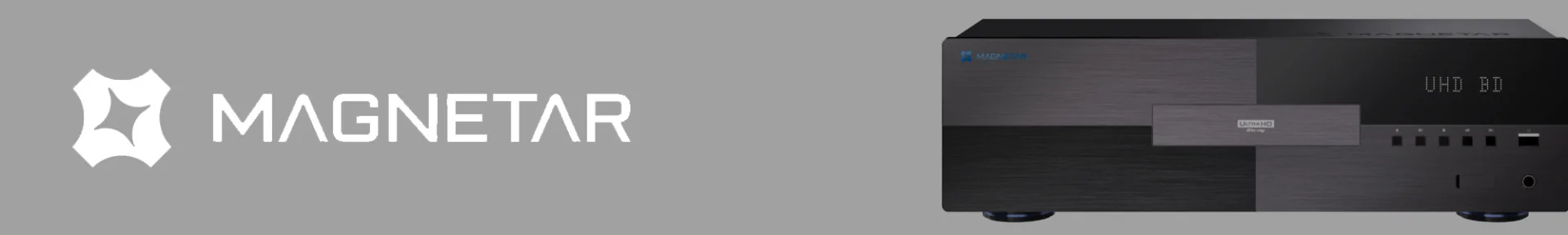 Grey background featuring the Magnetar logo and branding on the left, with a sleek black and grey electronic device labeled 'Ultra HD Blu-ray' on the right.