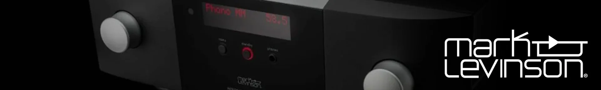 Ambient image of a sleek black audio system with a digital display reading "Phono MM 58.5." Mark Levinson logo in white, conveying luxury and precision.