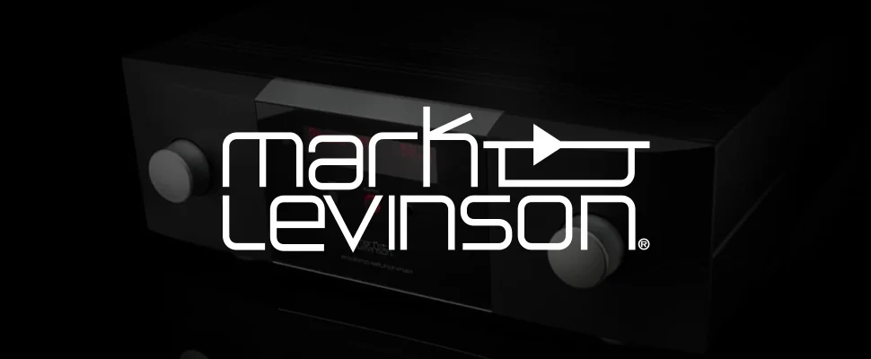 Ambient image of a sleek black audio system with a digital display reading "Phono MM 58.5." Mark Levinson logo in white, conveying luxury and precision.