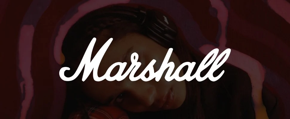 A woman wearing braided hair and black headphones is set against a swirling maroon and pink background. The white script "Marshall" is on the right.