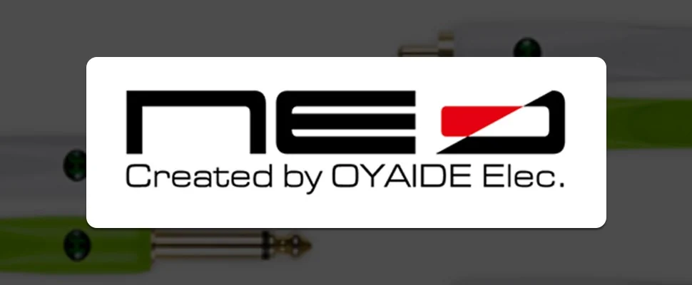 Logo with bold, black text "NEO," featuring a red accent, over "Created by OYAIDE Elec." in a sleek font. Background shows cables with green and white tones.