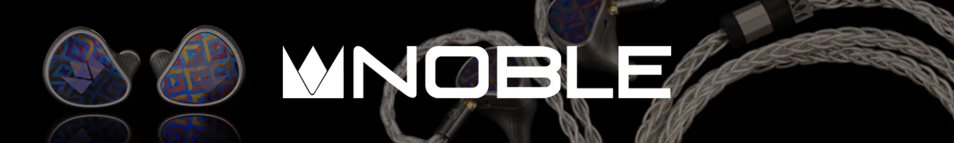 Close-up of Noble in-ear monitors with intricate blue and red designs on black shells; braided cables are prominently featured. "Noble" logo at the centre.