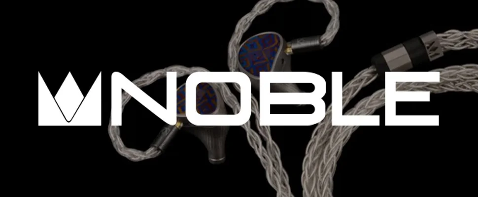 Close-up of Noble in-ear monitors with intricate blue and red designs on black shells; braided cables are prominently featured. "Noble" logo at the centre.