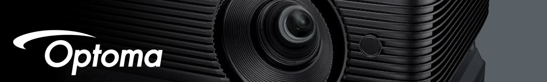 Close-up of a black Optoma projector lens with concentric ridges, conveying a sleek and modern design. The Optoma logo is prominently displayed.