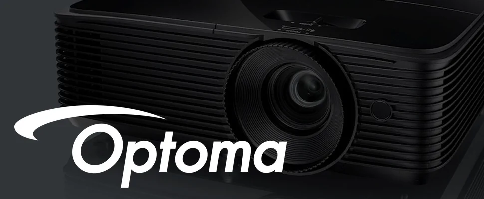 Close-up of a black Optoma projector lens with concentric ridges, conveying a sleek and modern design. The Optoma logo is prominently displayed.