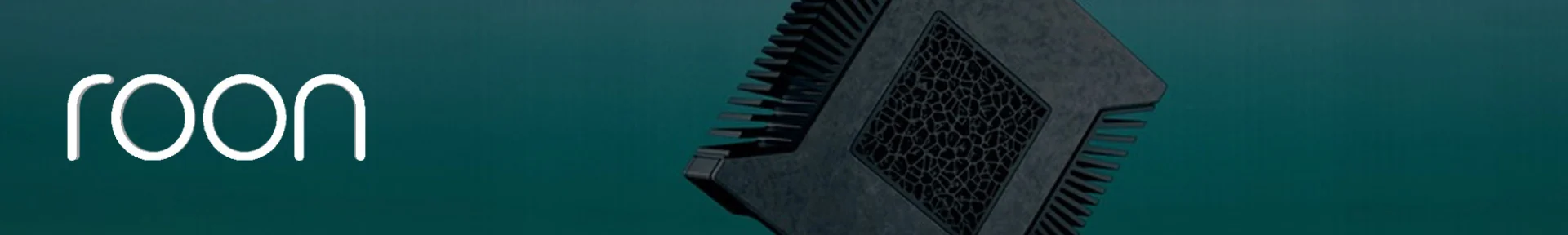 Roon logo in white on the left against a teal background, with an abstract geometric design resembling a microchip on the right. Modern and tech-centric.
