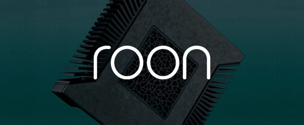 Roon logo in white on the left against a teal background, with an abstract geometric design resembling a microchip on the right. Modern and tech-centric.