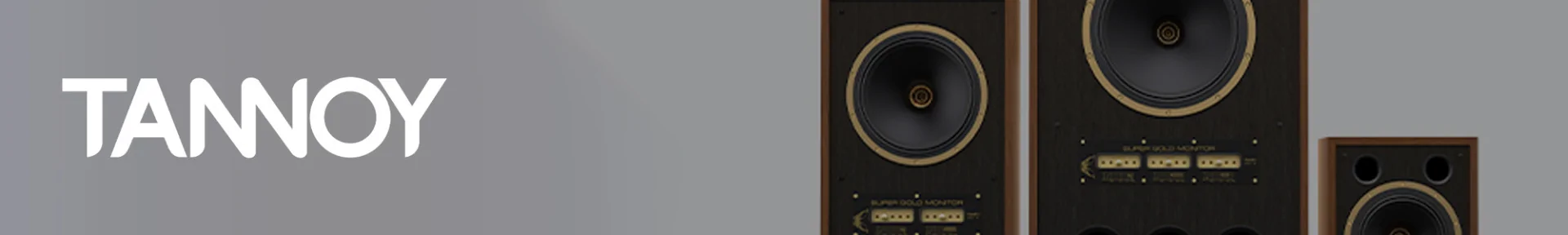Grey banner with the word "TANNOY" in white on the left. On the right, partially visible vintage-style speakers with wood frames, creating a classic audio vibe.