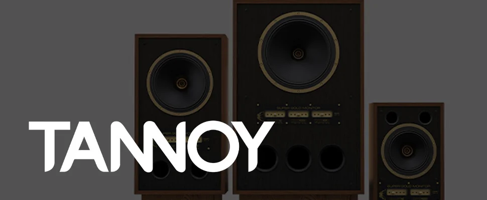 Grey banner with the word "TANNOY" in white on the left. On the right, partially visible vintage-style speakers with wood frames, creating a classic audio vibe.