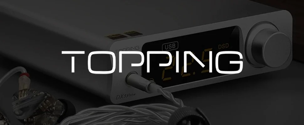 A sleek, silver audio device with a digital display shows "22.5." It’s connected via a cable, conveying a high-tech, modern feel. The word "TOPPING" appears prominently.