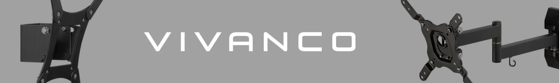 Grey background with the word "Vivanco" in bold white letters at the center. On the left and right are metal brackets, suggesting TV or monitor mounts.