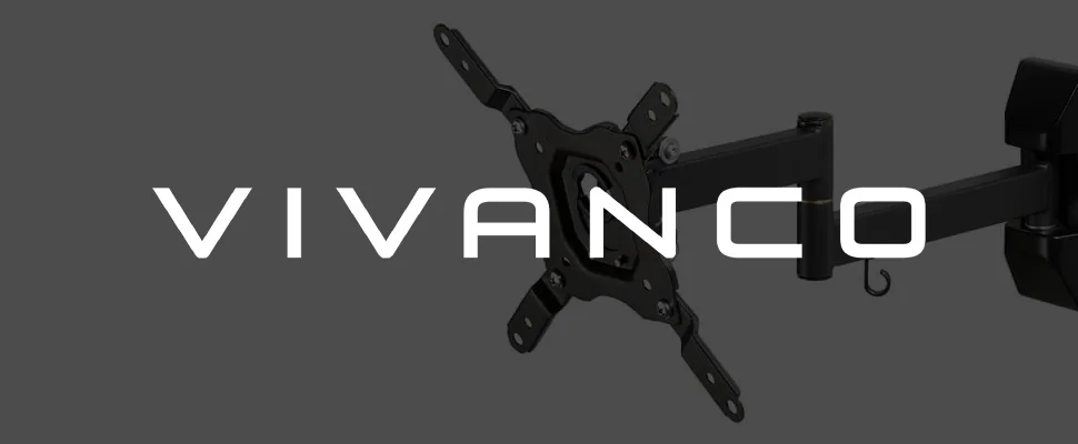 Grey background with the word "Vivanco" in bold white letters at the center. On the left and right are metal brackets, suggesting TV or monitor mounts.
