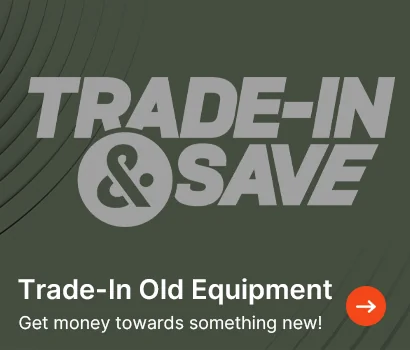 Dark abstract background with curved lines, a circular arrow symbol surrounding the letter 'T'. Text reads 'Trade-In & Save: We make upgrading simple.' An orange arrow icon is on the right.