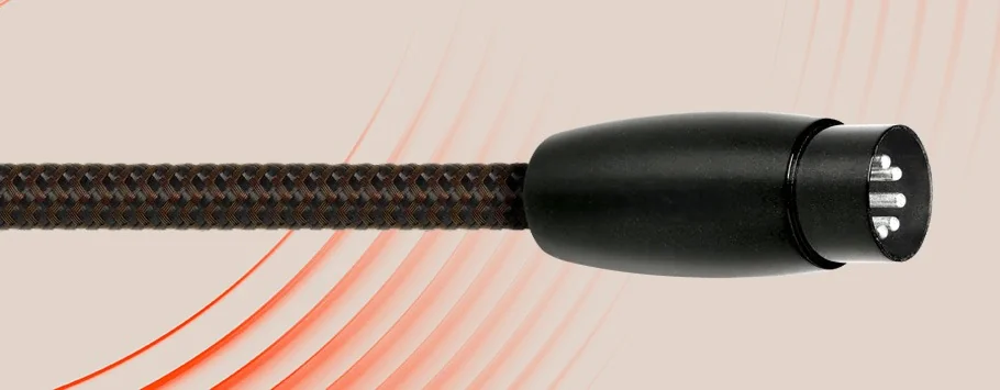 Close-up of a black XLR cable with a braided texture, set against a beige background with curved red lines. The image conveys a high-tech, modern feel.