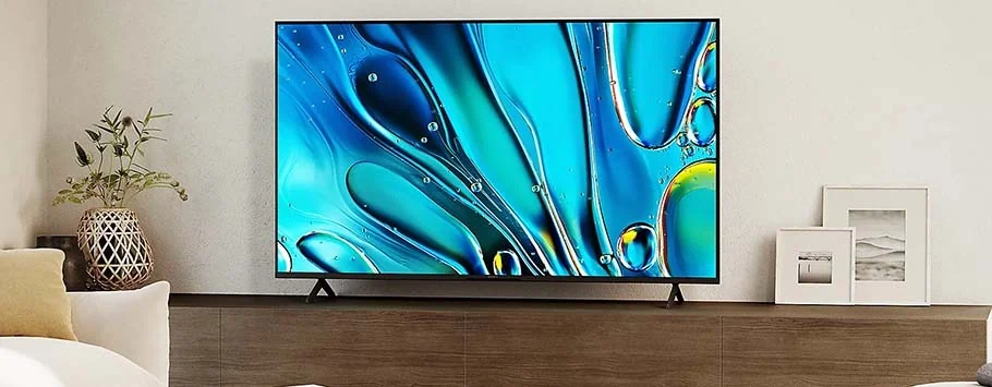 A modern living room with a sleek, wall-mounted flat-screen TV displaying abstract blue and yellow swirls. A potted plant and framed photos add d&eacute;cor.