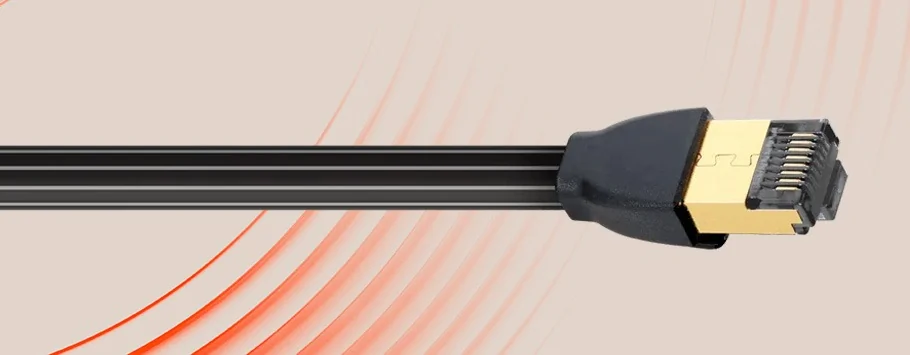 Close-up of a black SATA cable with a gold connector against a beige background. Red curved lines add a dynamic, modern feel to the image.