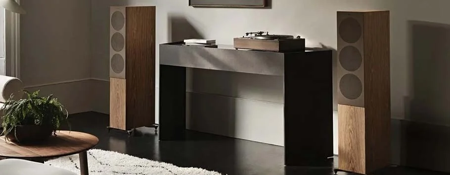 Stylish living room with a modern console holding a turntable, flanked by two tall wooden speakers. Soft lighting and a cozy rug create a warm, inviting atmosphere.