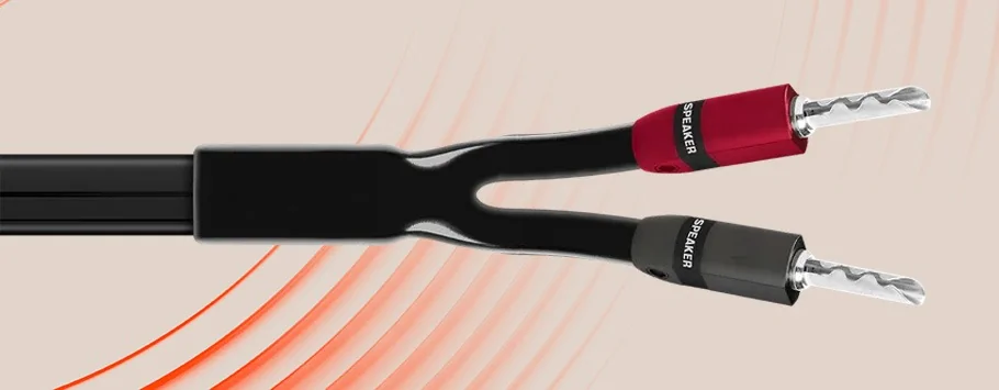 Black audio cable splits into two connectors, one red and one black, both labelled "Speaker," against a beige background with red curved lines.