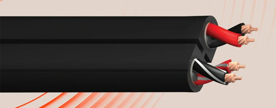 Close-up of a black electrical cable with two red and black wires exposed on the right, set against a light background with subtle red curved lines.