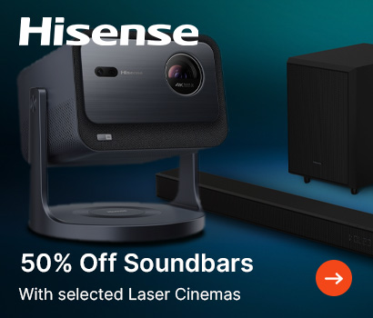 Advertisement for Hisense featuring a laser cinema projector and a soundbar. Text reads '50% Off Soundbars With selected Laser Cinemas' on a blue gradient background.