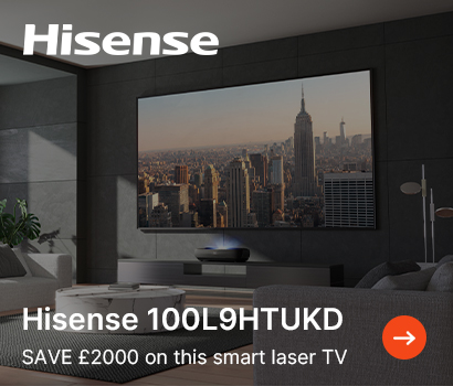 Alt text: "Advertisement for Hisense 100L9HTUKD smart laser TV showing a New York City skyline on-screen. Text highlights £2000 savings offer."